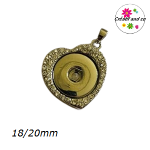 Pendentif coeur et strass pour bouton pression 18/20mm