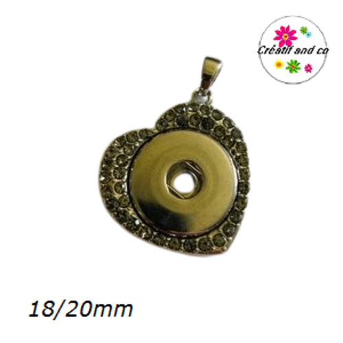 Pendentif coeur et strass anthracite pour bouton pression 18/20mm