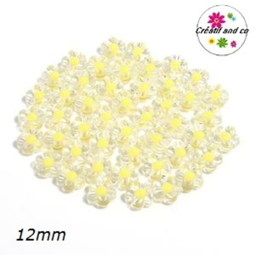 Perle forme fleur transparente coeur jaune 12mm