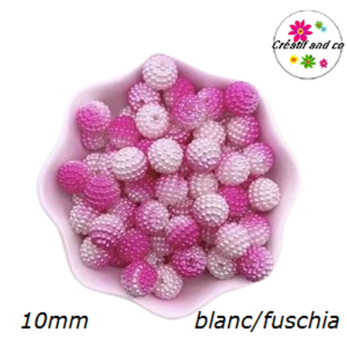 X5 perles rondes blanches/fuschias claires 10mm