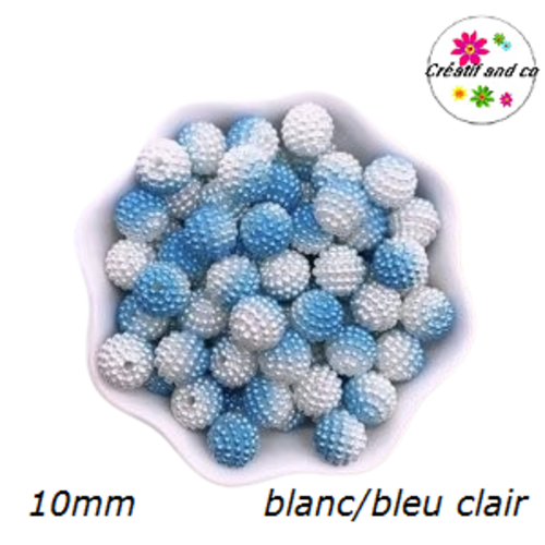 X5 perles rondes blanches/bleues claires 10mm