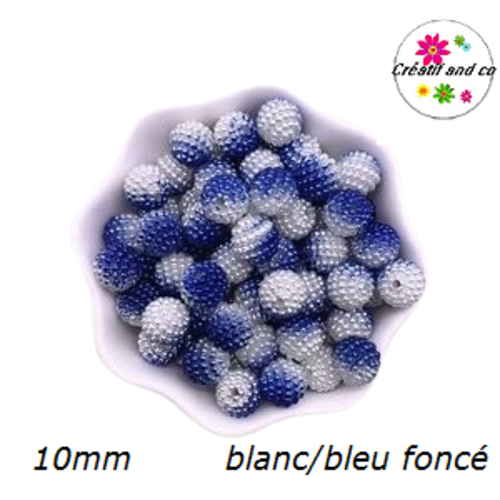 X5 perles rondes blanches/bleues foncées 10mm