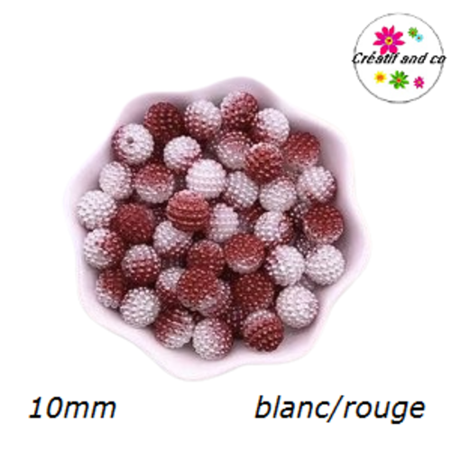 X5 perles rondes blanches/rouges 10mm