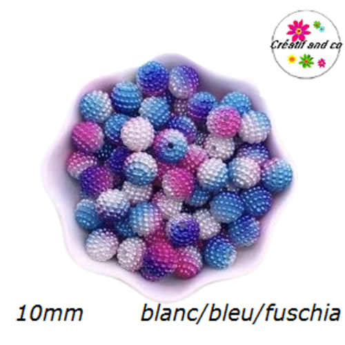 X5 perles rondes blanches/bleues/fuschias 10mm