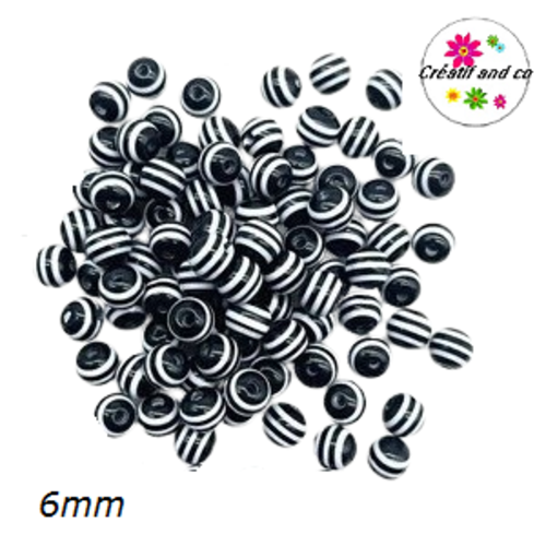 X10 perles rondes résine rayées noires/blanches 6mm