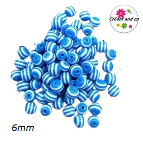 X10 perles rondes résine rayées bleues/blanches 6mm