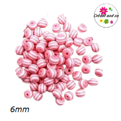 X10 perles rondes résine rayées roses/blanches 6mm