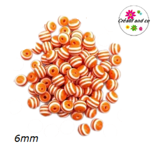 X10 perles rondes résine rayées oranges/blanches 6mm
