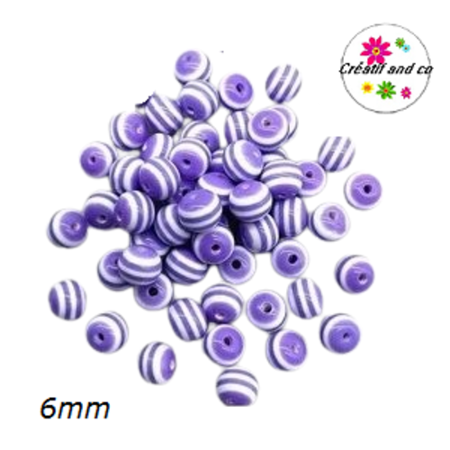 X10 perles rondes résine rayées mauves/blanches 6mm