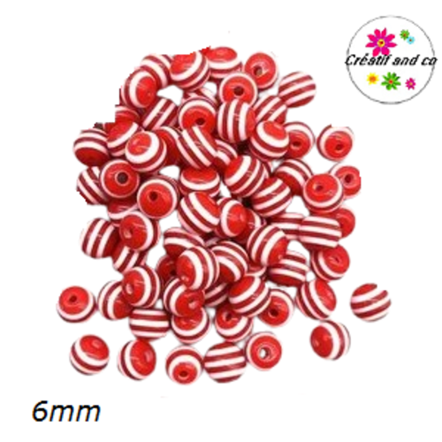 X10 perles rondes résine rayées rouges/blanches 6mm