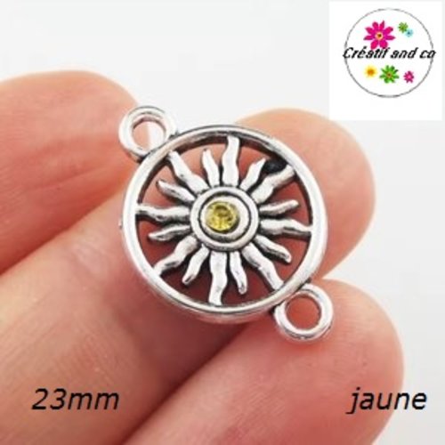 Connecteur cercle motif tournesol strass central jaune 23mm