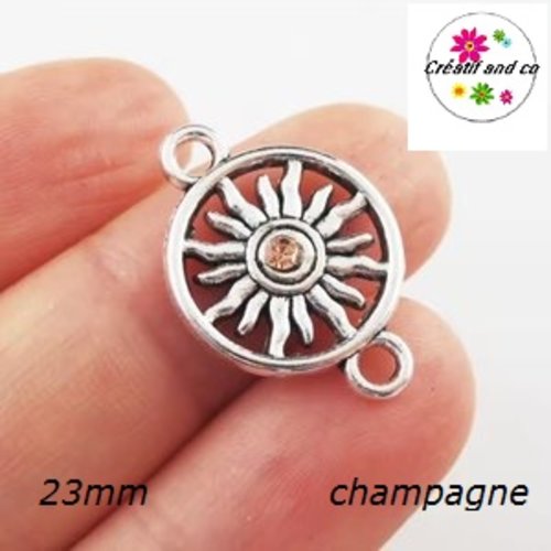 Connecteur cercle motif tournesol strass central champagne  23mm