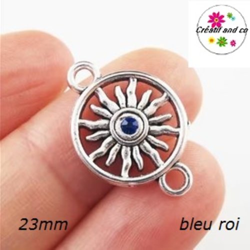 Connecteur cercle motif tournesol strass central bleu roi  23mm
