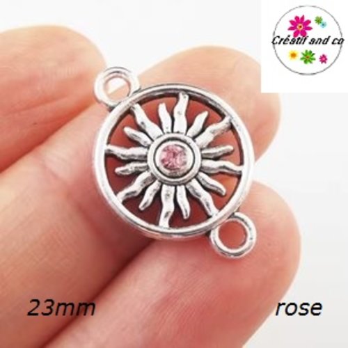 Connecteur cercle motif tournesol strass central rose 23mm