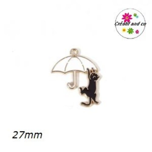 Breloque chat noir suspendu sur parapluie blanc émail 27mm