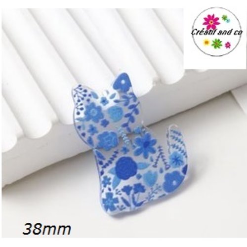 Pendentif chat transparent motif floral bleu 38mm