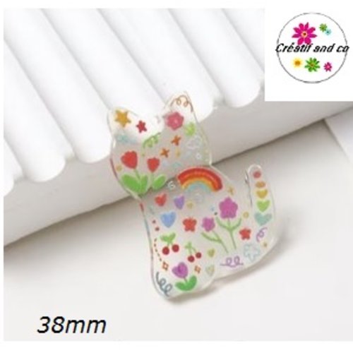 Pendentif chat transparent motif colorés fleurs et arc-en-ciel  38mm