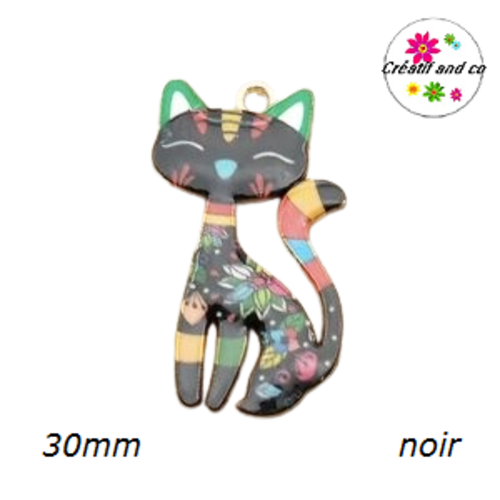 Breloque chat émaillé motif floraux colorés fond tête noire  30mm