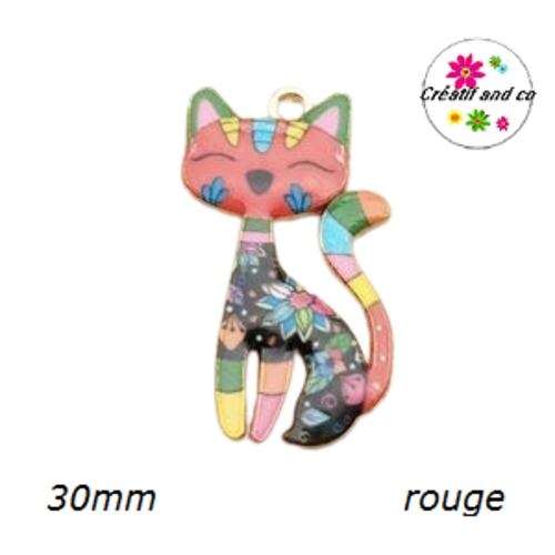 Breloque chat émaillé motif floraux colorés fond tête rouge 30mm