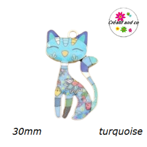 Breloque chat émaillé motif floraux colorés fond tête turquoise  30mm