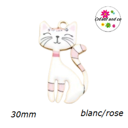 Breloque chat émaillé blanc et rose 30mm