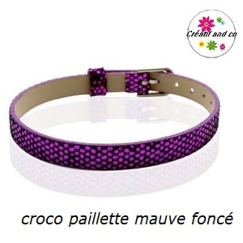 Bracelet simili cuir croco paillette mauve foncé 20cm