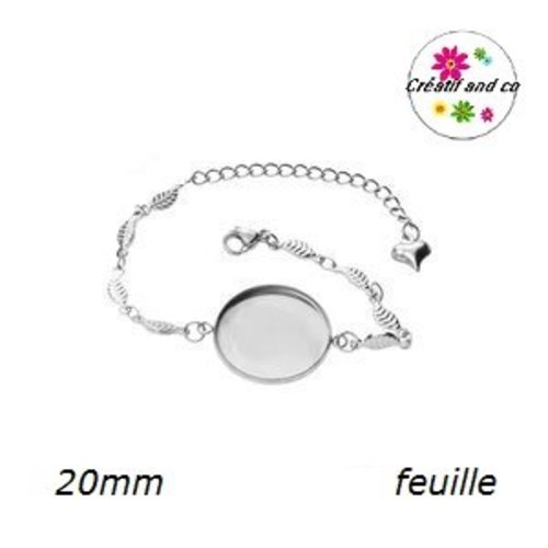 Bracelet feuille acier inoxydable pour cabochon 20mm