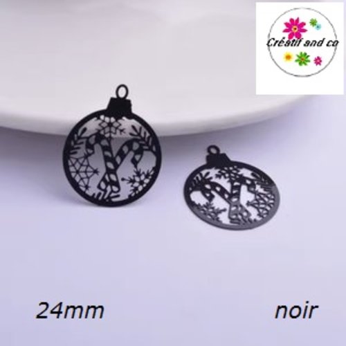 Breloque estampe boule de nöel et ses bâtons de sucre d'orge noire 24mm