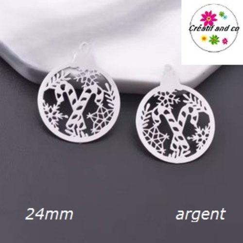Breloque estampe boule de nöel et ses bâtons de sucre d'orge argent  24mm