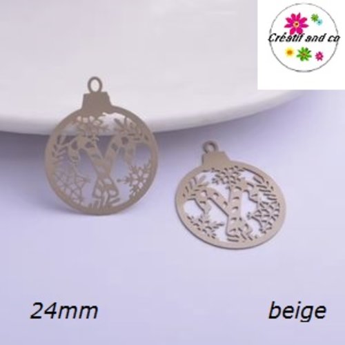 Breloque estampe boule de nöel et ses bâtons de sucre d'orge beige 24mm