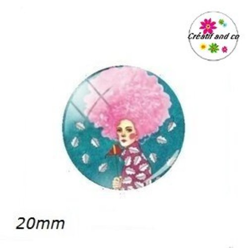 Cabochon femme chevelure rose 20mm