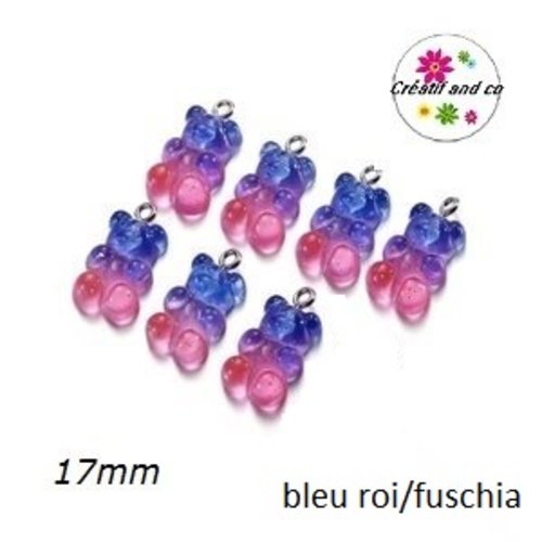 Breloque ourson translucide bi-couleur bleu roi/fuchsia