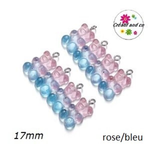 Breloque ourson translucide bi-couleur rose/bleu