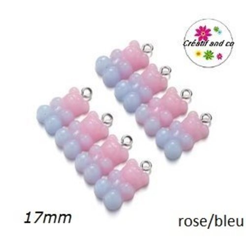 Breloque ourson paillette bi-couleur rose/bleu