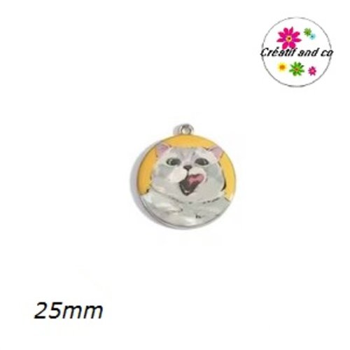 Breloque médaillon chat fond jaune 25mm