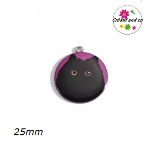Breloque médaillon chat fond violine 25mm