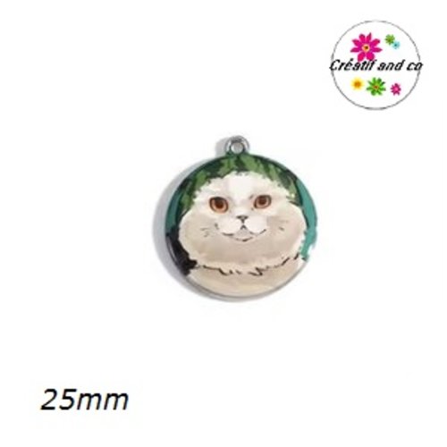 Breloque médaillon chat fond vert 25mm
