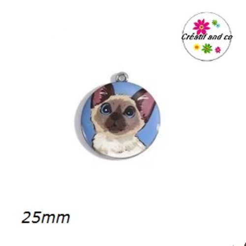Breloque médaillon chat fond bleu 25mm