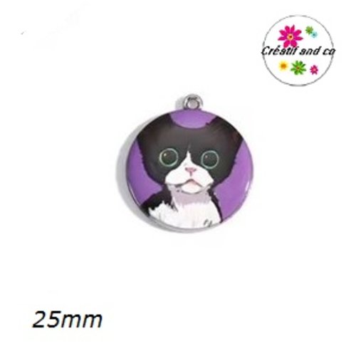 Breloque médaillon chat fond mauve 25mm
