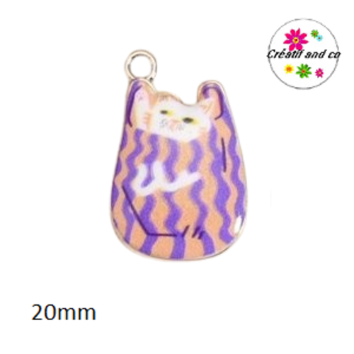 Breloque chaton sortant d'un sac avec motif ondulé violet et jaune 20mm