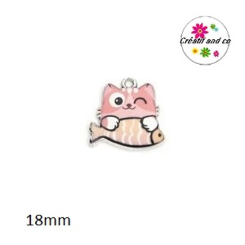 Breloque chat rose et son poisson rose pâle 18mm