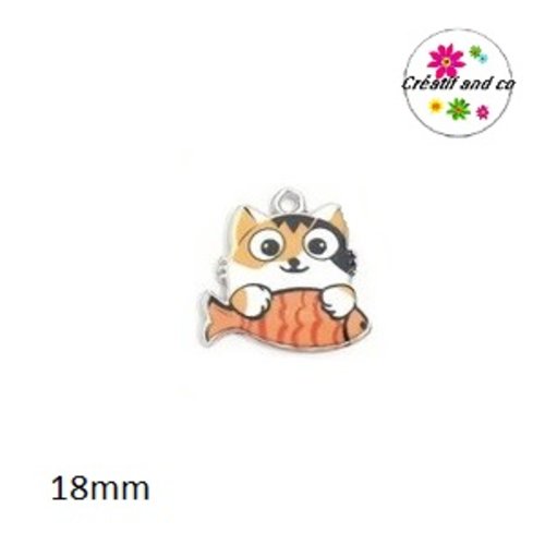 Breloque chat tricolore et son poisson orange 18mm