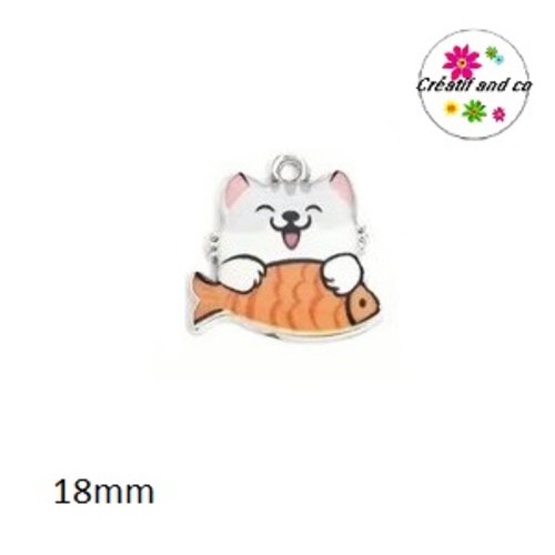 Breloque chat gris et son poisson orange 18mm
