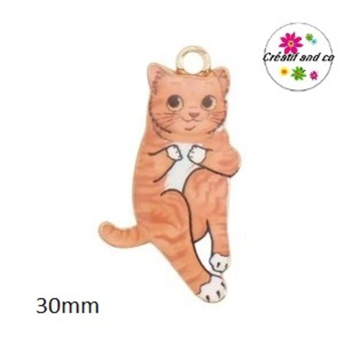 Breloque chat émail roux avec des taches blanches 30mm