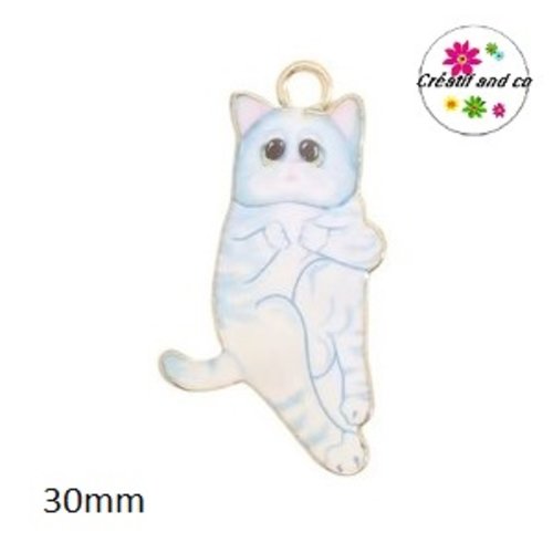 Breloque chat émail bleu-gris tigré 30mm