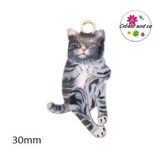 Breloque chat émail tigré gris 30mm