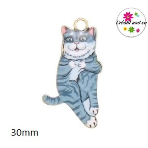 Breloque chat émail tigré gris 30mm