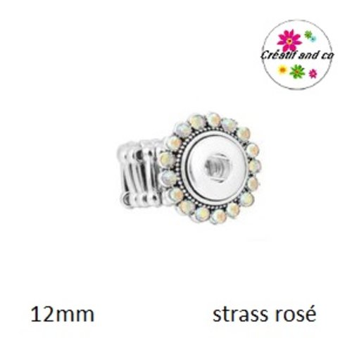 Bague métal argentée et strass rosé pour bouton pression 12mm