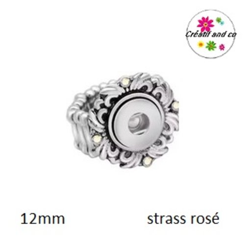 Bague métal argentée et strass rosé pour bouton pression 12mm