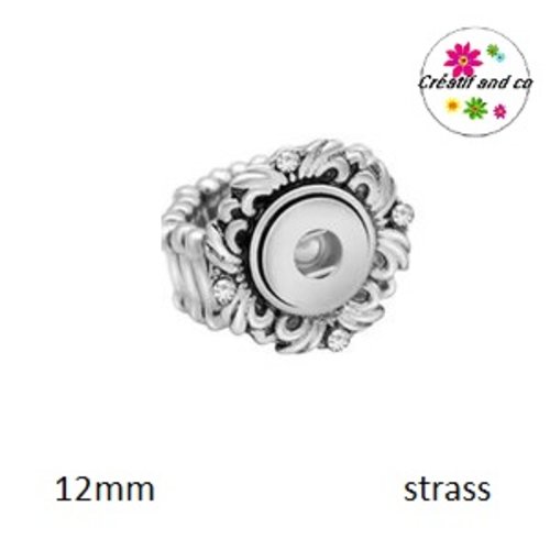 Bague métal argentée et strass pour bouton pression 12mm